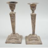 A pair of Edwardian silver mounted Adam's style candlesticks, Richard Richardson, Sheffield, 1905,