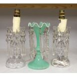 A pair of cut glass lustres and another, tallest 22cm