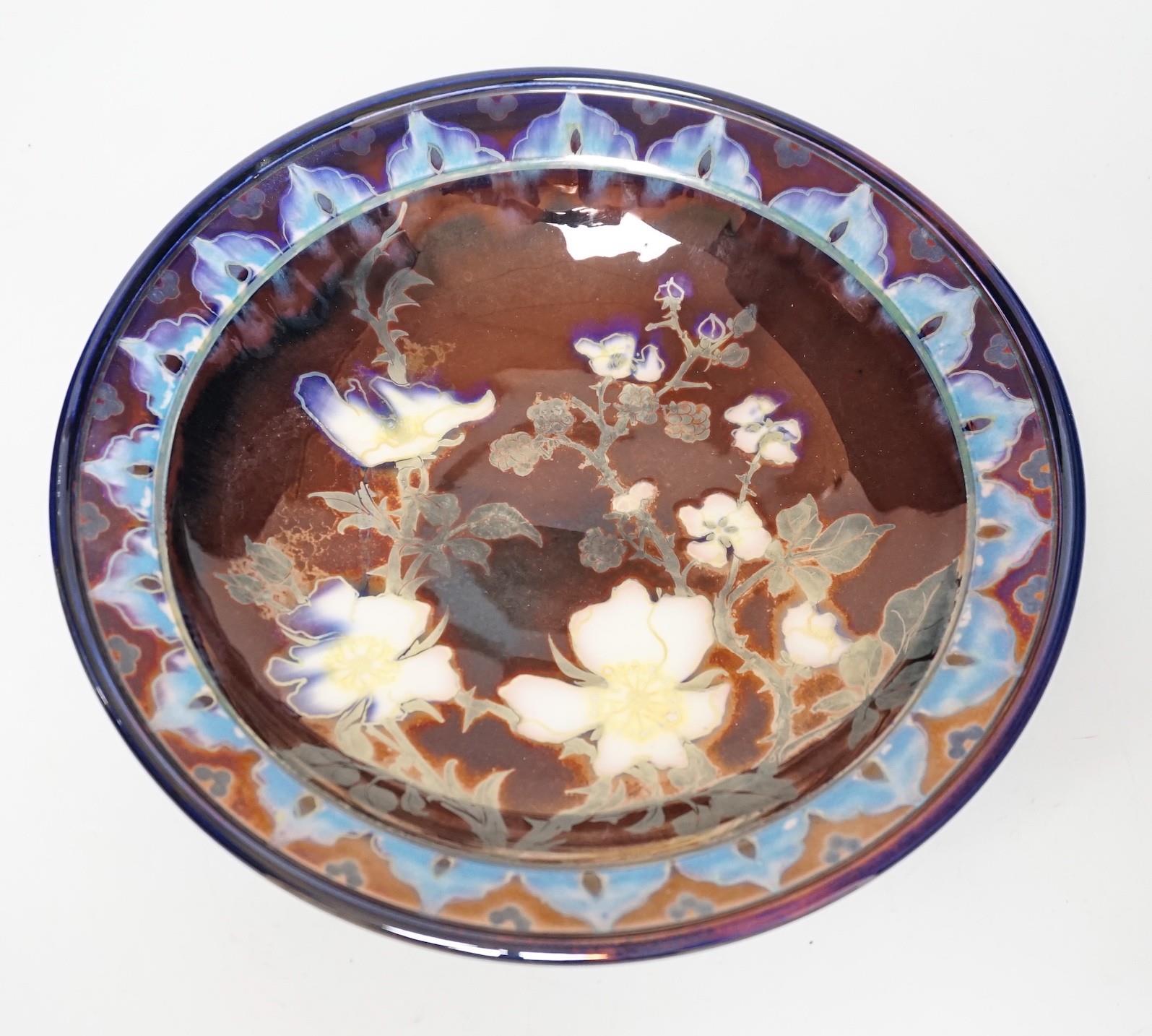 Jonathan Chiswell Jones and Kerry Bosworth - a lustre wall-plate with dog rose, No. 8401, 30cm.