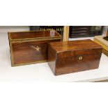 A Victorian rosewood tea caddy with ornate stringing and fitted interior and a mahogany tea caddy,