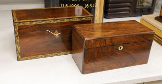 A Victorian rosewood tea caddy with ornate stringing and fitted interior and a mahogany tea caddy,
