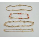 Four assorted 20th century 750 yellow metal bracelets, including child's with coral beads, 13cm,