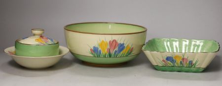 Clarice Cliff 'Spring Crocus': three bowls and a preserve pot and cover (4)