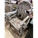 A large driftwood garden throne chair, width 95cm, height 134cm