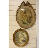 Two gilt framed oval Regency silk figural embroideries, largest 33cm high, not including mount or