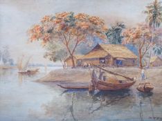 Mg Tun Hla (Burmese, 1874-1946), watercolour, village viewed from the river, signed, 14.5 x 19cm,