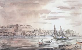 Galea, watercolour, 'Grand Harbour, Malta', signed and dated 1974, 17 x 26cm