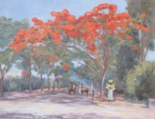 Hope Wise, oil on board, Colonial scene with figures beneath flowering trees, signed and dated Cairo
