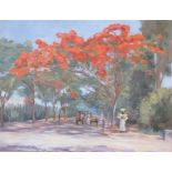 Hope Wise, oil on board, Colonial scene with figures beneath flowering trees, signed and dated Cairo