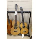 A parquetry inlaid acoustic concert guitar and another (2)