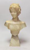 An early 20th century alabaster and marble bust, signed. 37cm tall