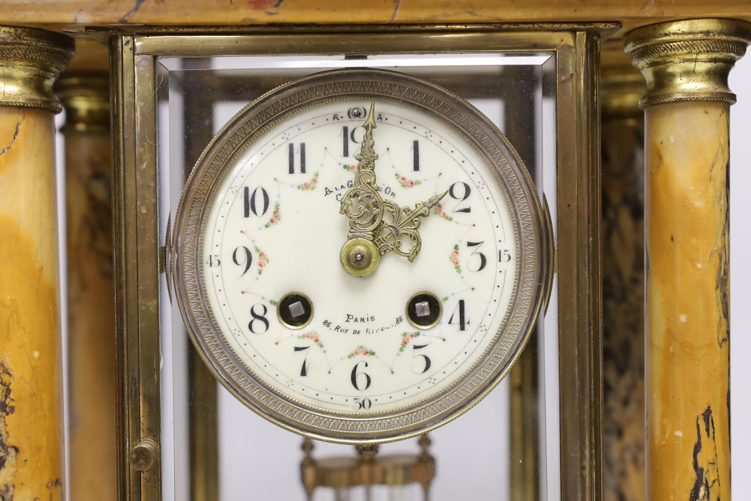A French Sienna marble four glass portico clock, 36cm - Image 2 of 3
