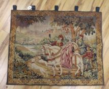 A machine tapestry panel of a Medieval figurative scene, 115cm wide, 91cm (not including hanging