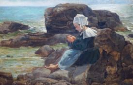 Newlyn School, oil on canvas, Girl seated on the seashore, 27 x 39cm