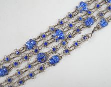 A long Chinese white metal and blue enamel set drop necklace, 204cm.