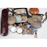 A mixed group of collectables including wrist and pocket watches, coins, costume jewellery fob
