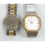 Two gentleman's steel and gold plated Longines quartz wrist watches, one with octagonal case.