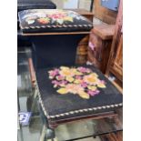 A Victorian ottoman stool with woolwork floral upholstery, width 48cm and a similar footstool, width