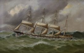 Thomas G. Purvis of Cardiff (1861-1933), oil on canvas, Four master merchant ship 'Colony' at sea,