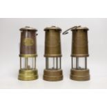 Three British Colliery Mining safety lamps
