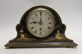 A black chinoiserie japanned mantel clock, 28cm wide