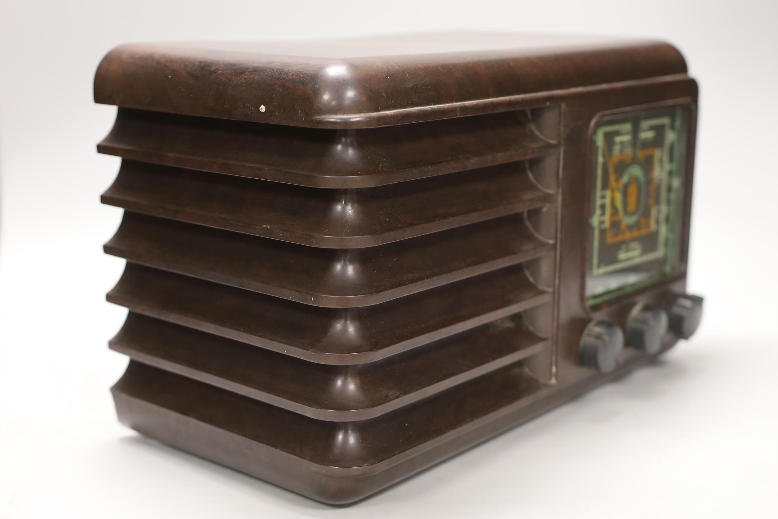 An Art Deco style brown Bakelite Westminster radio, 37cm wide - Image 2 of 2