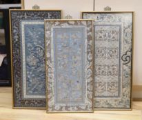 Three framed pairs of 19th century Chinese silk embroidered sleeve bands, two pairs worked in