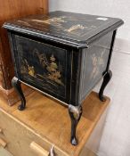 A 1930's chinoiserie lacquered work box, width 36cm