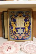 Judaica - two 1920's Ridgways pottery Passover plates, a needlepoint picture and two prints