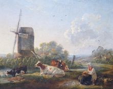 19th century English School, oil on wooden panel, Woman and cattle beside a windmill in a landscape,