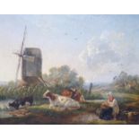 19th century English School, oil on wooden panel, Woman and cattle beside a windmill in a landscape,