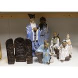 A group of Chinese Shiwan stoneware figures, a composition triptych shrine and a Lladro figure,