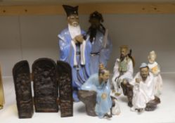A group of Chinese Shiwan stoneware figures, a composition triptych shrine and a Lladro figure,