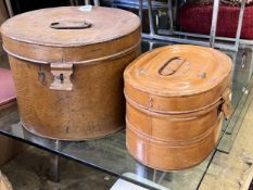 Two Victorian tin hat boxes with simulated grained decoration, largest 40cm