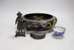 A Chinese cloisonné enamel bowl, a Japanese porcelain tea bowl, an Islamic white metal inlaid pewter