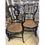 A pair of Victorian mother of pearl inlaid papier mache and ebonised salon chairs, height 85cm