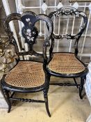 A pair of Victorian mother of pearl inlaid papier mache and ebonised salon chairs, height 85cm