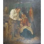After Erskine Nicol (1825-1904), oil on mahogany panel, Interior with elderly couple, indistinctly