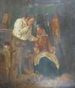 After Erskine Nicol (1825-1904), oil on mahogany panel, Interior with elderly couple, indistinctly