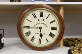A Victorian double sided mahogany station / shop fusee timepiece, retailers name Gillett & Johnston,