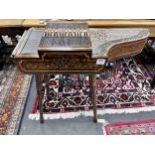 An inlaid mahogany and beech table top harpsichord, built by Peter Benjamin, width 79cm, height