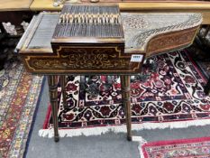 An inlaid mahogany and beech table top harpsichord, built by Peter Benjamin, width 79cm, height