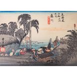 Hiroshige, two woodblock prints, 'Stations of The Tokaido', 14 x 19cm and a print of a Samurai