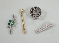 Three modern 18ct white gold and gem set pendants, including diamond chip set pierced drum shape and