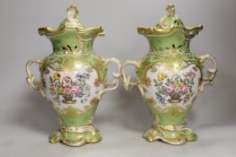 AMENDED DESCRIPTION A pair of Rockingham style porcelain pot pourri vases