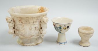 A Chinese burnt jade or hardstone censer, a stone cup and a doucai stem cup, censor 12cm high
