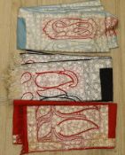 Three 19th century Indian cream silk floss embroidered wool stoles