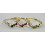 A set of three 750, sapphire, emerald and diamond set wishbone rings, (to be worn as one or
