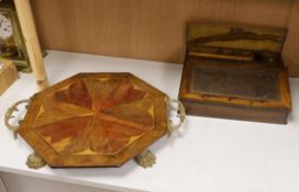 A Jerusalem ware tray and a similar olive wood writing slope, tray 55cm handle to handle