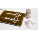 Judaica - a cased pair of scissors, a Tzedakah box, a Victorian silver circumcision guard, London